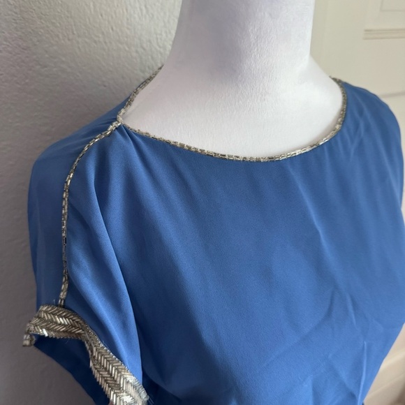 Vintage Norman Berg Blue Peplum Dress w/ Hand Beaded Trim - Picture 6 of 15